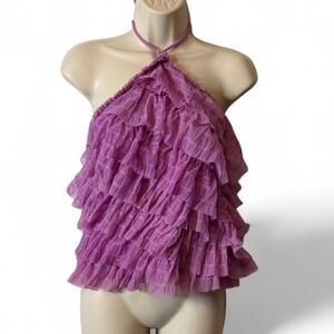 Vibrant Pink Anthropologie Ruffle Halter Top